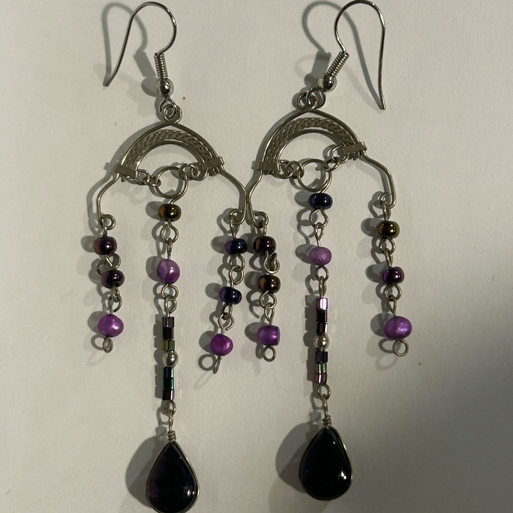 Boho Chic Silver and Purple Dangle Earrings